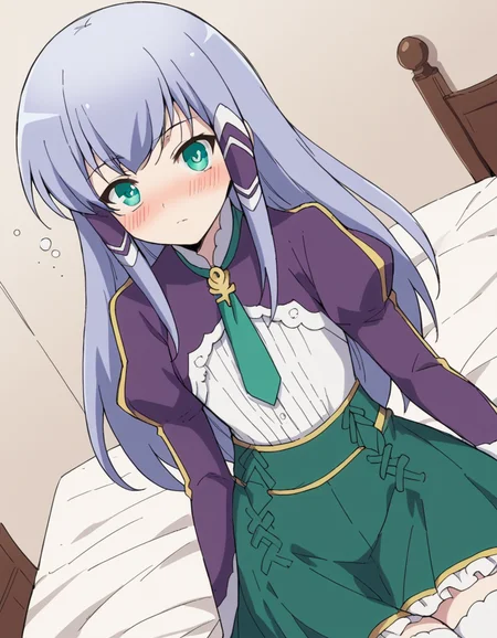 score_9, score_8_up, score_7_up, source_anime, <lora:elze-silhoueska-s2-ponyxl-lora-nochekaiser:1>, elze silhoueska, long hair, blue eyes, green eyes, blue hair, aqua eyes, hair tubes,, skirt, thighhighs, white thighhighs, puffy sleeves, white shirt, necktie, green necktie, purple sleeves, green skirt, frilled skirt, indoors, bed, bed room, on side, blush, drunk,, , v,, looking at viewer, solo,, dutch angle, cowboy shot