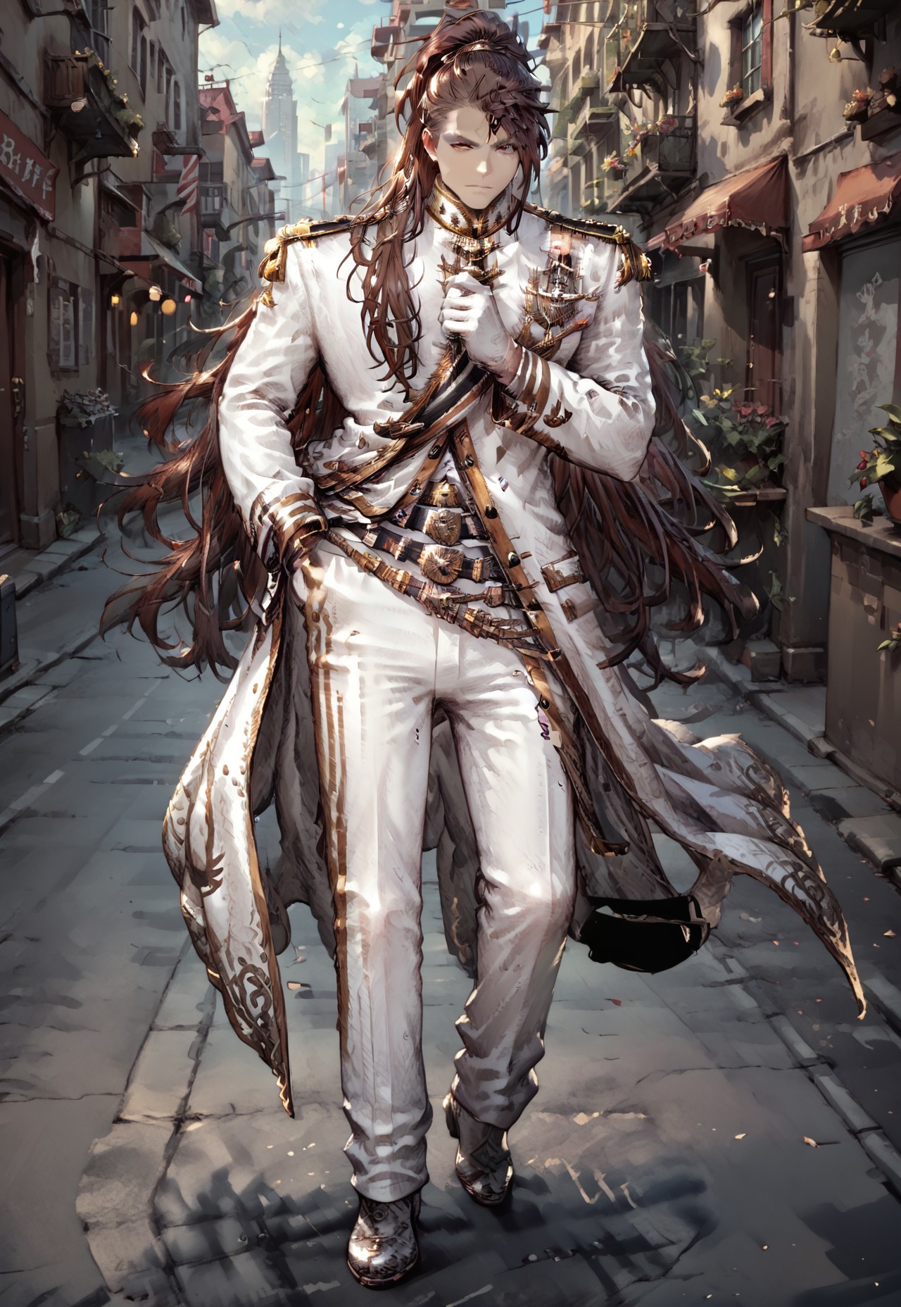 score_9, score_8_up, score_7_up,perfect eyes,hi_res,male focus, 1boy, solo, long hair, gloves,white pants, white gloves, brown hair, pants, white jacket, full body, epaulettes,  uniform, ponytail, red eyes, belt, dark skin, unijayden, outside, city, brown eyes