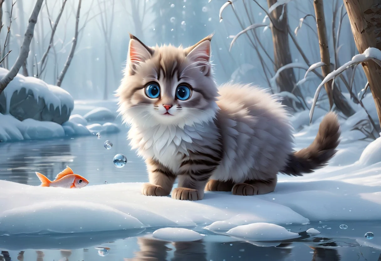A digital painting depicts a whimsical winter scene with a fluffy kitten and a fish on partially frozen water. The kitten,
positioned slightly to the right of center,
has strikingly large,
bright blue eyes and soft gray and white fur with prominent dark stripes running vertically. Its round face features a pink nose and delicate white whiskers,
creating an endearing expression as it looks curiously at the fish. The kitten's body is lying flat on the ice,
with its paws blending into the surface. In the foreground,
a silver-gray fish with an orange-brown head and fins is seen breaking the surface of the icy water,
seemingly attempting to bite at something above the waterline. The fish's scales are clearly visible,
and its large eye reflects light,
adding depth to its appearance. The water in the bottom part of the image is rendered with clear reflections of both the kitten and the fish,
creating a shimmering effect. Small bubbles float around the kitten's paws. The background showcases a snowy forest with sparse trees covered in snow,
their trunks visible through the blanket. Large icicles hang from the edges of the ice,
enhancing the cold atmosphere. The lighting is soft and diffused,
casting gentle shadows and highlighting the textures of both the kitten's fur and the fish's scales. The overall color palette includes cool hues like whites,
grays,
blues,
and browns,
contributing to the serene yet playful mood of this realistic illustration.