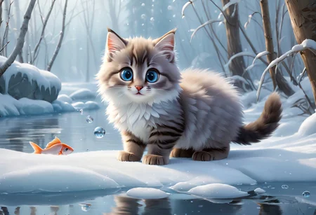 A digital painting depicts a whimsical winter scene with a fluffy kitten and a fish on partially frozen water. The kitten, 
positioned slightly to the right of center, 
has strikingly large, 
bright blue eyes and soft gray and white fur with prominent dark stripes running vertically. Its round face features a pink nose and delicate white whiskers, 
creating an endearing expression as it looks curiously at the fish. The kitten's body is lying flat on the ice, 
with its paws blending into the surface. In the foreground, 
a silver-gray fish with an orange-brown head and fins is seen breaking the surface of the icy water, 
seemingly attempting to bite at something above the waterline. The fish's scales are clearly visible, 
and its large eye reflects light, 
adding depth to its appearance. The water in the bottom part of the image is rendered with clear reflections of both the kitten and the fish, 
creating a shimmering effect. Small bubbles float around the kitten's paws. The background showcases a snowy forest with sparse trees covered in snow, 
their trunks visible through the blanket. Large icicles hang from the edges of the ice, 
enhancing the cold atmosphere. The lighting is soft and diffused, 
casting gentle shadows and highlighting the textures of both the kitten's fur and the fish's scales. The overall color palette includes cool hues like whites, 
grays, 
blues, 
and browns, 
contributing to the serene yet playful mood of this realistic illustration.