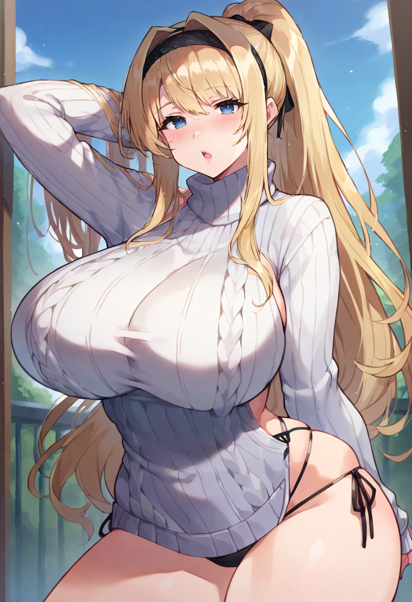 score_9, score_7_up,  1girl, 
huge breasts, wide hips, thick thighs, sweater dress, blush, panties, open mouth, hair intakes, blue eyes, blonde hair, white sweater, meme attire, virgin destroyer sweater, thighs, ribbed sweater, solo, curvy, turtleneck sweater, dress, underwear, sweater, ponytail, hairband, arm behind head, long hair, breasts, alternate breast size, turtleneck, long sleeves, sleeves past wrists, side-tie panties
 <lora:tonito-Style-PonyXL-GLoRA-000047:1>
