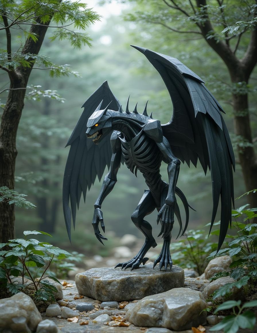 <lora:ck-polygon-gems-0019.safetensors:1> a crafted gemstone model in the style of cklg featuring a
In the heart of a once-thriving forest, now a desolate wasteland, a monstrous figure emerges from the shadows. The creature’s skeletal frame, draped in dark gray skin, looms menacingly over the broken remnants of what was once a vibrant ecosystem. Its large, feathered wings are tattered and ragged, a testament to the decay that surrounds it. The forest floor is littered with fallen leaves, their colors muted and lifeless, offering a stark contrast to the sharp, detailed texture of the creature’s skin.
The air is thick with mist, weaving through the gnarled, skeletal trees that stand like sentinels over the ruins. The creature’s hunched shoulders and hunched posture add to its unearthly presence, its sharp teeth and large claws glinting in the sparse, natural light that filters through the dense canopy. Its eyes, glowing with an eerie light, pierce through the gloom, adding to the sense of menace and foreboding.
The forest, once a place of beauty and life, now lies in ruins. Buildings and structures, their once-grand facades now crumbling, dot the landscape. Crumbling walls and broken archways stand as solemn reminders of a civilization long forgotten. The interplay of light and shadow casts long, twisted shadows, highlighting the contrast between the skeletal remains of the forest and the few patches of green that stubbornly persist.
The creature, a blend of natural and supernatural elements, embodies the eerie atmosphere of the scene. Its presence is a haunting reminder of the power of nature and the relentless march of decay. The air is heavy with the scent of old wood and damp earth, creating a mood that is both unsettling and profound. The forest, now a place of mystery and danger, invites the viewer to imagine what once was and what remains.
