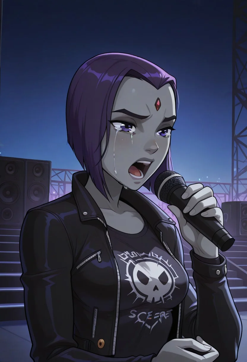 masterpiece, best quality, 2d, mrporty, absurdres,
BREAK,
1girl, solo, raventt, grey skin, forehead jewel, purple hair, short hair, purple eyes, medium breasts, mature female, 20 year old, rocker jacket, punk shirt, holding microphone with both hands, singing, into microphone, emotional, crying, upper body shot, BREAK,
front view, detailed background, night, outdoors, music stage, audio speakers, ,BREAK score_9, score_8_up, score_7_up, highly detailed, highly detailed skin texture, finely detailed hair,