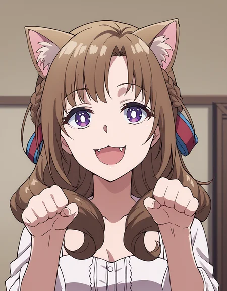 score_9, score_8_up, score_7_up, source_anime, mamakooosuki, <lora:mamako-oosuki-s1-ponyxl-lora-nochekaiser:1>, mamako oosuki, long hair, brown hair, purple eyes, hair ribbon, braid, bright pupils, french braid, white pupils,, <lora:paw-pose-ponyxl-lora-nochekaiser:1>, paw pose, cat ears, cat tail, animal ears, tail, cat girl, open mouth, fang, whiskers,, indoors, smile,, cowboy shot, dutch angle, looking at viewer,