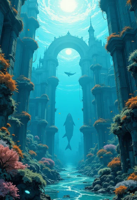 A breathtaking depiction of a submerged cathedral crafted entirely from crystal-clear glass. Sunlight pierces the ocean's surface, refracting into brilliant rainbows that dance across the cathedral's walls. Schools of shimmering fish swirl through the open spaces, and glowing coral encrusts the structure's base. The central altar is surrounded by spiraling streams of golden light. Shadows of whales and other sea giants glide through the distant water, evoking themes of serenity, spirituality, and the mysterious beauty of the deep.