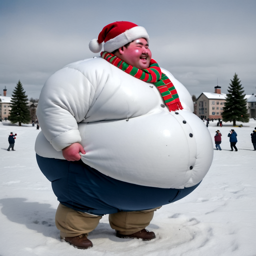 fat  1boy ,oily, male focus,side shot,
<lora:runga14.3-000005:1>
rating_explicit ,Extraordinary
"A superchubby boy in a snug winter jacket, striped scarf, and fluffy earmuffs is in the middle of a snowy field, building a massive snow fort with his friends. His red cheeks glow from the cold, and his gloved hands are busy stacking large snow bricks. Ponies dressed in winter hats and scarves are helping him, tossing snowballs and laughing. In the background, snow-covered pine trees twinkle with strings of Christmas lights, and a snowman with a carrot nose and button eyes stands guard at the fortâs entrance."