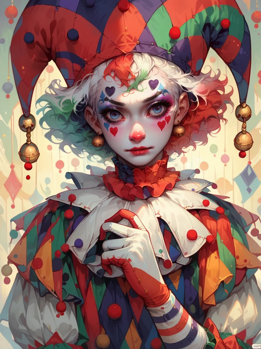 score_9, score_8_up, score_7_up, score_6_up, 1girl, <lora:c1rcus2XLP:0.6> c1rcus, clown, multicolored hair, thighhighs, gloves, makeup, striped, jester cap, <lora:c1rcusstyl3XLP:0.7> c1rcusstyl3,