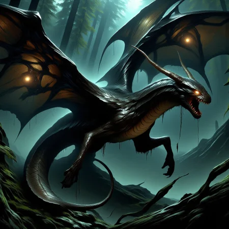 a flying snake, a creature born of dark legends and ancient nightmares. Its elongated body, covered in scales that glisten like polished obsidian, moves with a fluid grace, reflecting faint, eerie glimmers of light that give it an almost ethereal glow.
The snake's wings, leathery and vast, stretch out in stark contrast to its slender, serpentine form. These powerful appendages beat with a whispering, deathly rhythm, propelling the creature effortlessly through the air. Each wing stroke sends a shiver of dread through the forest, as though the very wind fears this beast.
Its eyes are twin orbs of molten gold, burning with an intense, malevolent light. They survey the surroundings with a predatory intelligence, calculating and cold, seeking out the next victim with merciless precision. When it spots its prey, the snake coils in mid-air, a display of impossible agility, before diving with terrifying speed.
As it descends, the creature’s mouth opens wide, revealing long, needle-like fangs that glisten with venom