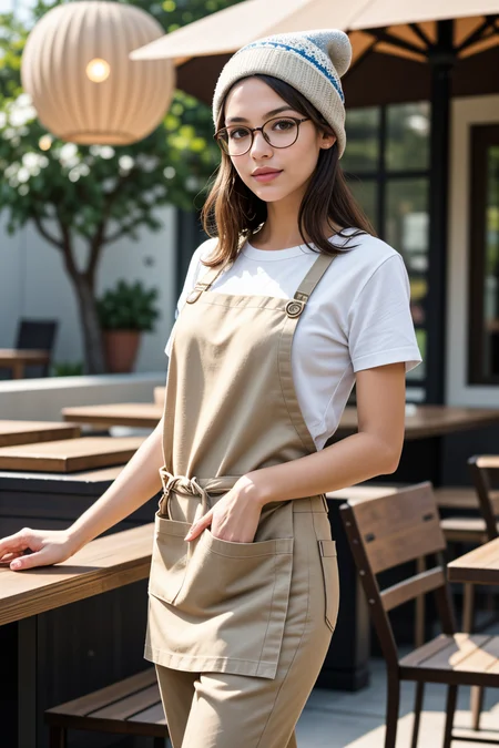 <lora:LCM_LoRA_Weights_SD15:1>,<lora:detail_slider_v4:1.2>,(casual barista) 32yo old middle-aged Woman, tiny build, extra long white shag cut hair, mexican, caramel skin, brown eyes, wearing a beanie, brown casual t-shirt, linen pants, canvas apron, comfortable flats, subtle eyeshadow, carrying a order pad,a pair of designer glasses, set in a bustling patio, offering lively energy, varied seating options, stylish decor, and a dynamic atmosphere , during afternoon,still life photography, capturing tranquility, timeless beauty, meticulous arrangement, exquisite detail, professional lighting, expert composition, evocative mood, storytelling through objects, artistic interpretation, creative expression, showcasing textures, intricate patterns, enhancing atmosphere, conveying emotions, masterful technique, immersive experience",
