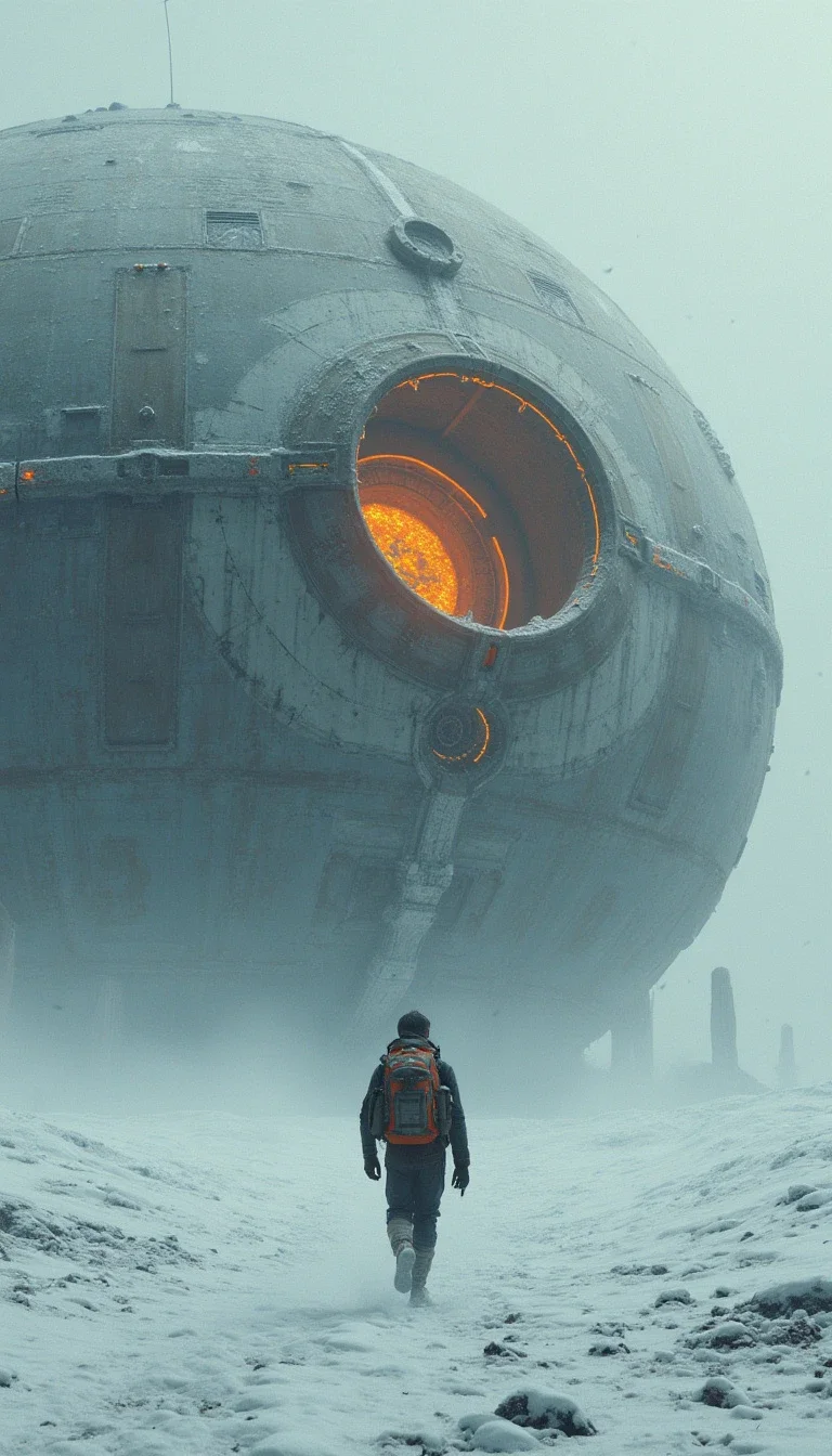 A vast snowy landscape with a lone traveler, equipped with a backpack and a helmet, walking towards a massive, derelict spaceship. The spaceship, appearing aged and worn out, has a prominent circular window emitting a glowing orange light. The sky is overcast, and the overall ambiance is cold and desolate.