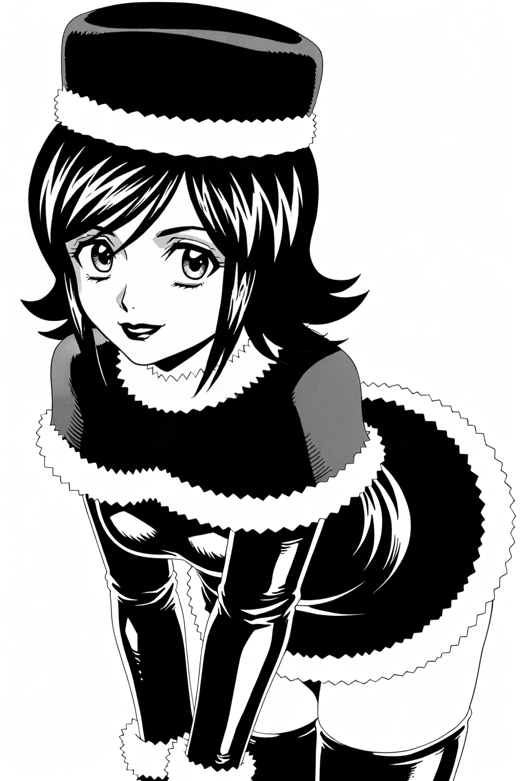 score_9, best, masterpiece, uncensored,
1girl, solo, smile,  monochrome, greyscale, manga illustration, closed mouth,
FujiwaraChiyokoChocoManga, FurOutfit, gloves, latex high heel thigh boots, fur-trimmed dress with fur-trimmed sleeves, fur hat, fur-trimmed capelet, fur collar, flipped hair, lipstick,
<lora:FamiresSenshiPuddinFujiwaraChiyokoChocoManga_V3:0.8>​​​