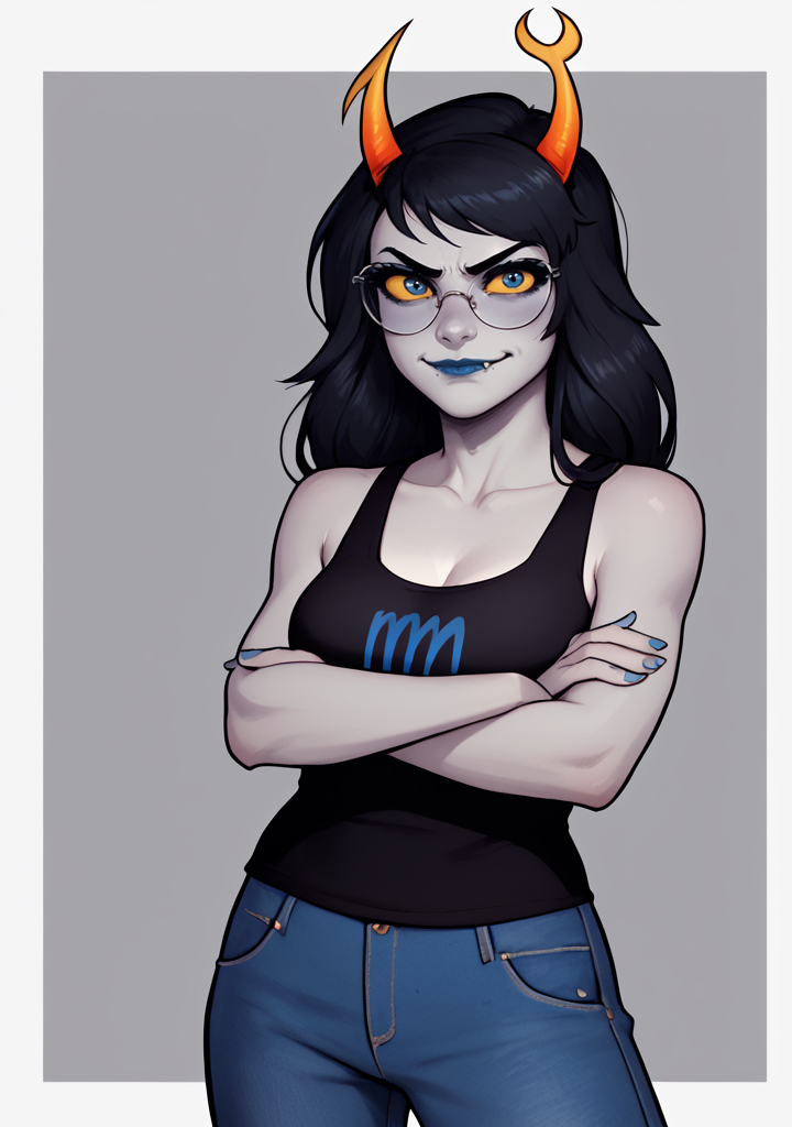 score_9, score_8_up, score_7_up, masterpiece,  , line art, portrait,  realistic,, detailed ,,  1girl, solo,  ,standing, looking at viewer,  mocking, smirk, closed mouth,  blue face blush,, , <lora:Vriska:0.8> ,  long hair, gray skin, black hair, yellow sclera, horns, blue lipstick, , fangs, lips, vriska serket,  blue eyes,  (grey_skin:1.1), colored skin , crossed arms, glasses,  black tank top, jeans, pants,