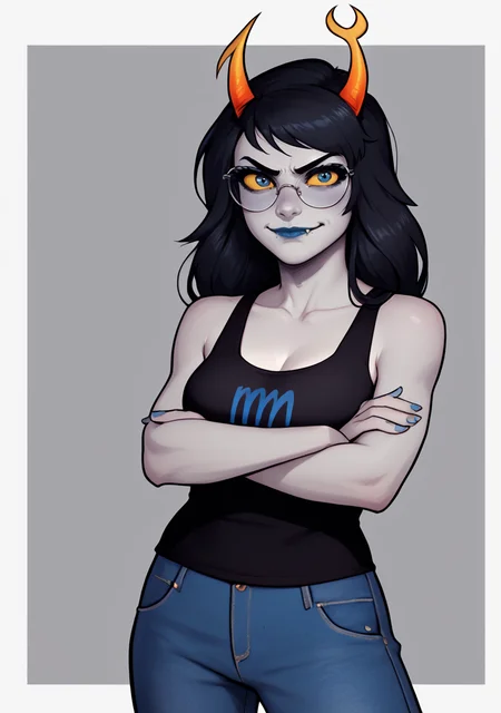 score_9, score_8_up, score_7_up, masterpiece, , line art, portrait, realistic,, detailed ,, 1girl, solo, ,standing, looking at viewer, mocking, smirk, closed mouth, blue face blush,, , <lora:Vriska:0.8> , long hair, gray skin, black hair, yellow sclera, horns, blue lipstick, , fangs, lips, vriska serket, blue eyes, (grey_skin:1.1), colored skin , crossed arms, glasses, black tank top, jeans, pants,