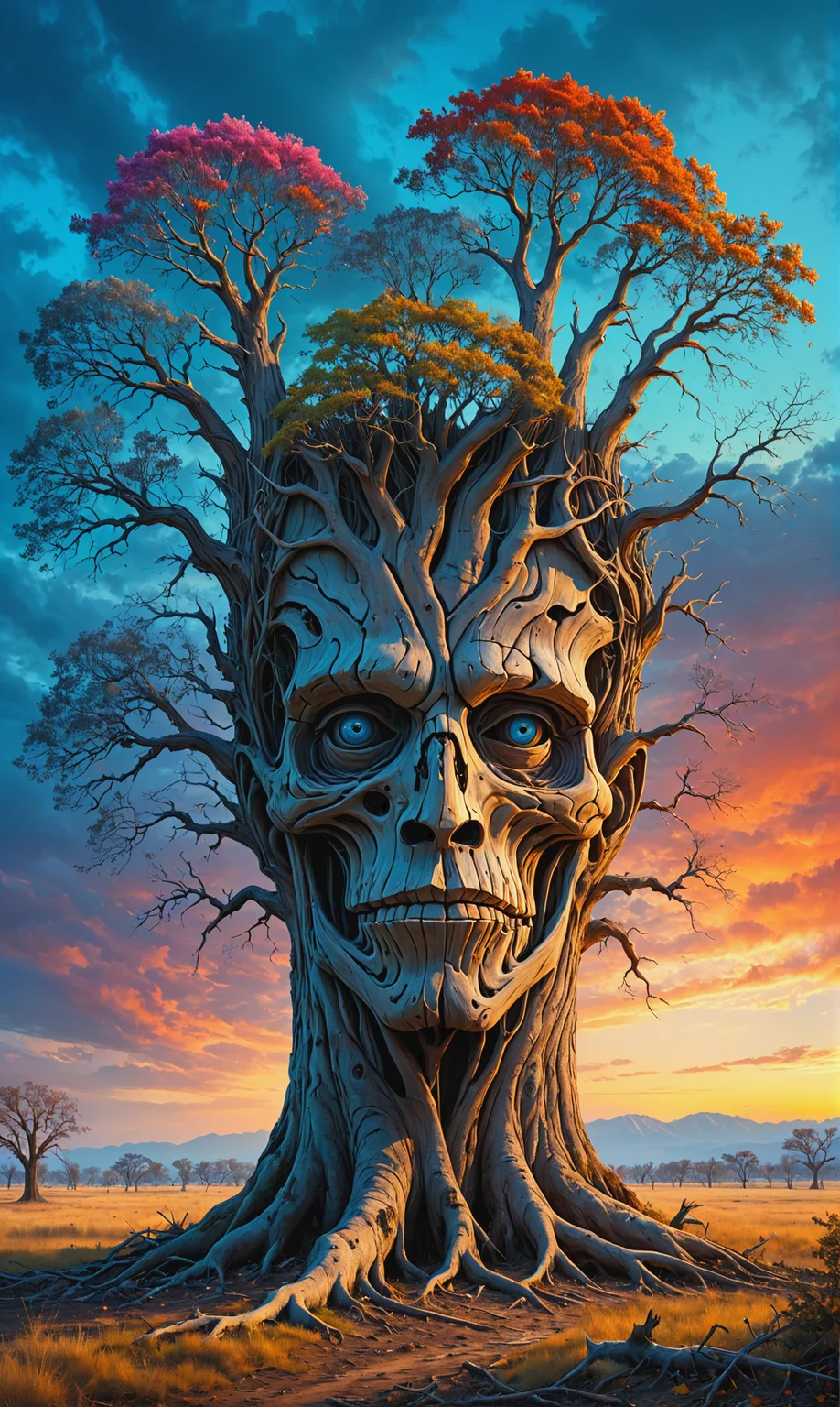 A very large dead tree with standing tall with drawft branches, covering the whole canvas on the tree branches, a very detailed various different kind of many human faces hidden all over, is mesmerizing, colorful atmosphere behind the tree, a glowing sky blue Ash, on the ground, some dead plants on the tree, branches, and all over the tree, thousands of different human faces all over the tree peoples head in details beautiful art<lora:xl_more_art-full_v1:0.3>