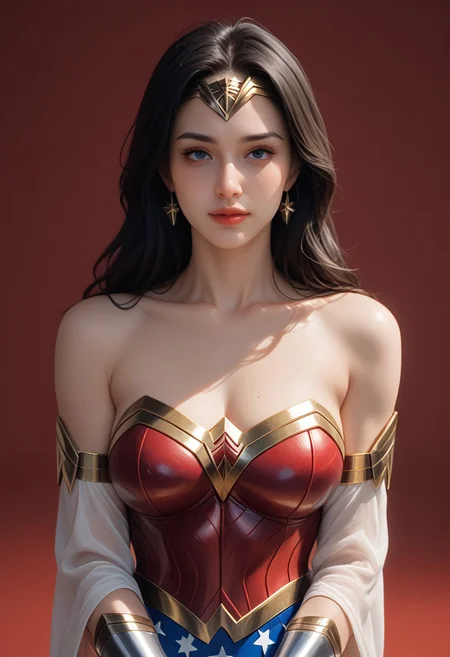 score_9,score_8_up,score_7_up, cinematic, extremely high definition, dramatic lighting, masterpiece,bestquality, extremely detailed, 8k, hd, expressiveh, red background, ddpapa,
BREAK
1girl, solo, (Wonder Woman from Wonder Woman), white outfit, outfit, detached sleeves, bare shoulders, 20 years old, medium breasts, ((intense pleasure, affectionate)), perfect hand,
BREAK