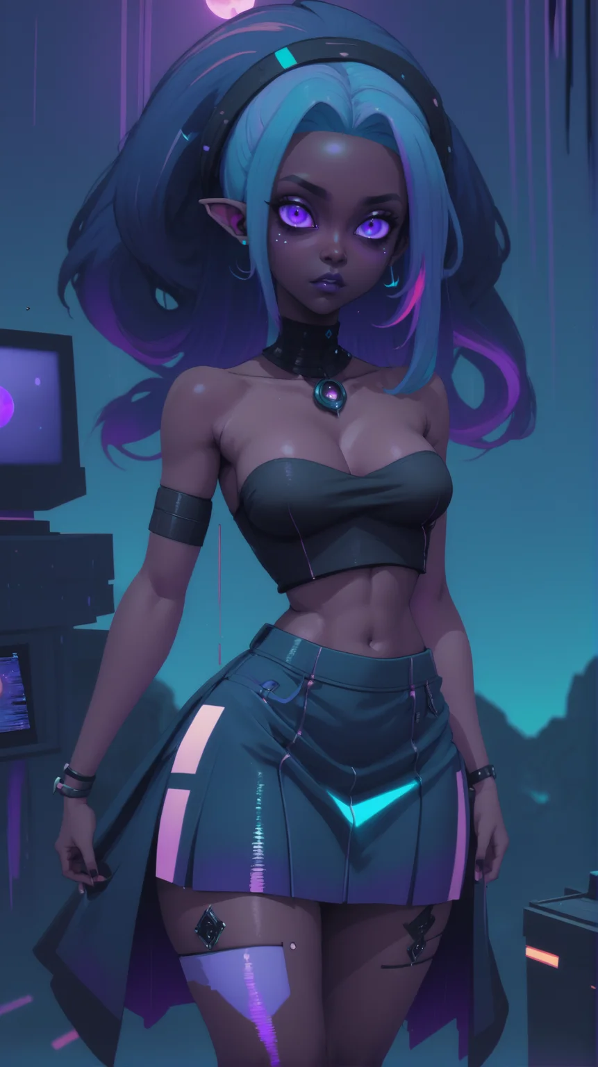 glitchcore, digital painting, 1girl, woman, (twilight unholy queen extraterrestrial:1.3), azure eyes, pose,, (witch outfit, skirt lift:1.2) [:casual, sexy costume design:0.2], bombshell hair, aqua hair, U-cut,half updo, soft body, wide hips, narrow waist, medium breasts, (dark skin:1.3)<lora:EnvyGlitchcoreXL01:1.3>