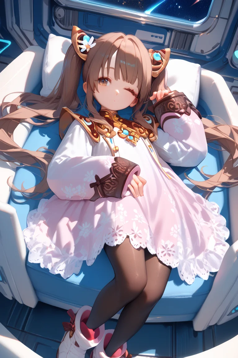 score_9, score_8_up, score_7_up, source_anime,
spaceship, inside spaceship, sci-fi environment
looking at viewer,
cowboy shot, from above,
petite female, flat chest, 
sitting, sleeping, closed eyes,
lymle, brown hair, brown eyes, twintails, very long hair, 
dress, long sleeves, pantyhose, 
multicolored footwear, white footwear,
 <lora:lymleRE_autismConfetti_v01:1>, zPDXL