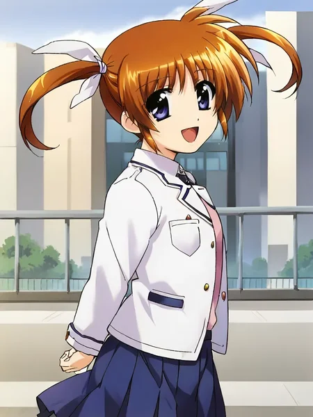 <lora:Nanoha_Takamachipony:1>
1girl, solo, takanano, brown hair, twintails, purple eyes, white jacket, open jacket, pink shirt, blue skirt, pleated skirt, standing, smile, open mouth, cowboy shot, outdoors, city, arms behind back,