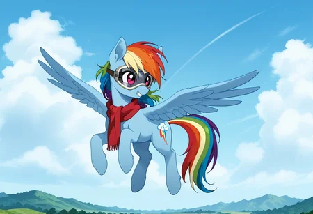 score_9, score_8_up, score_7_up, anime screencap, BREAK, wide shot, my little pony Rainbow Dash, a blue pegasus with purple eyes and rainbow mane and tail, flying, source_feral, aviator mask and goggles, outdoors, daylight sky, cloudy, scarf on neck, source_anime, retro anime style