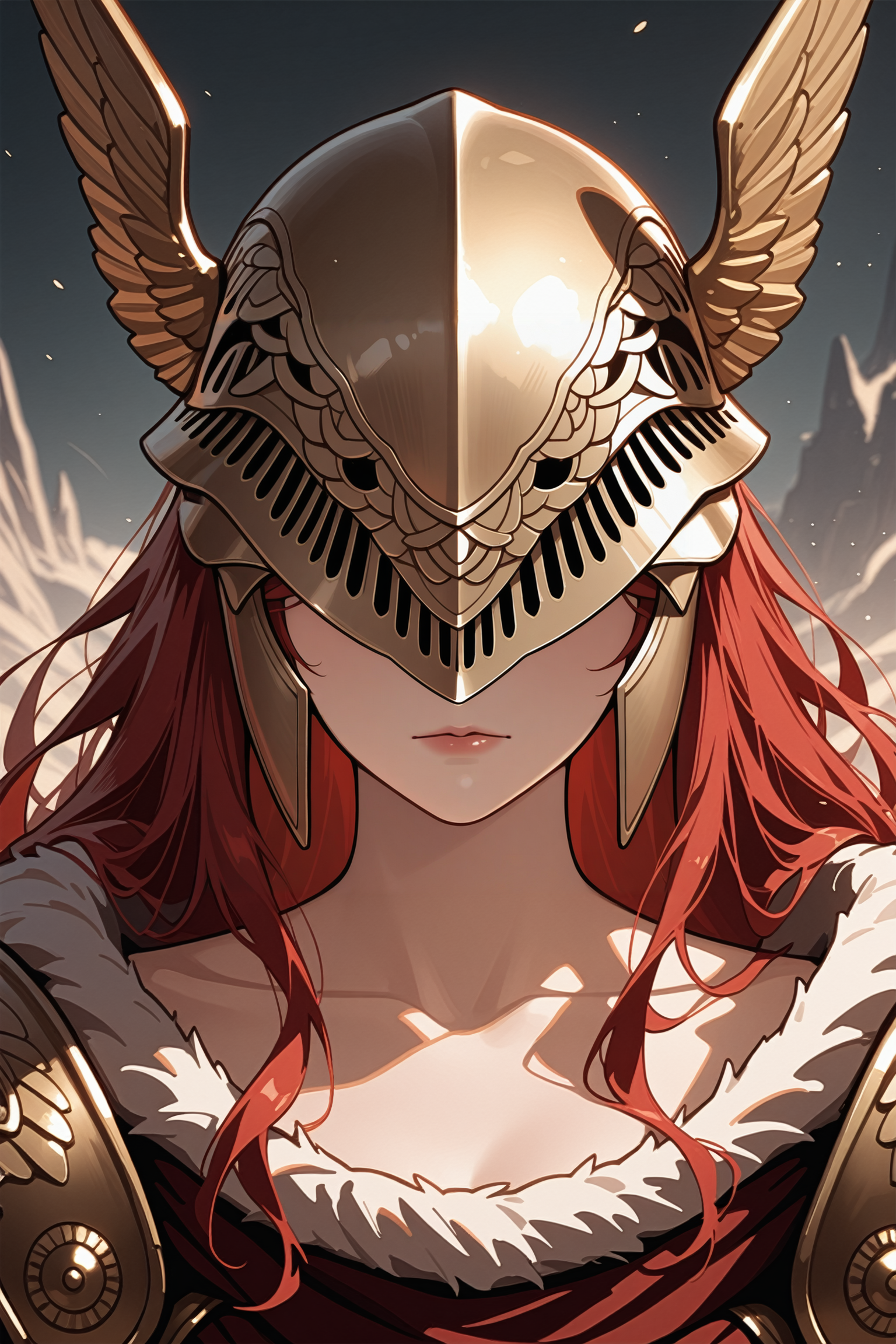 masterpiece, best quality, absurdres,
<lora:ILERMalenia:0.8>
ERMalenia, 1girl, helmet, covered eyes, long hair, red hair, armor, looking at viewer, portrait