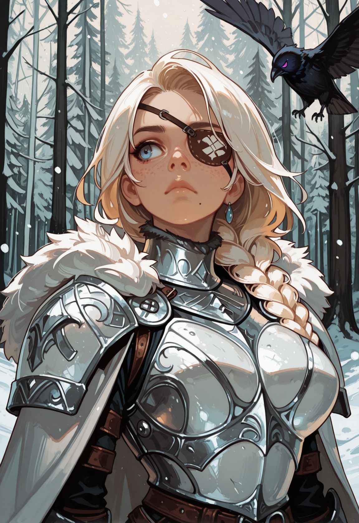 1girl, white armor, raven, jewelry, , blonde hair, breastplate, long hair, , upper body, freckles, , cape, signature, fur trim, artist name, animal, nose, solo, plate armor, mole under mouth, closed mouth, gorget, shoulder armor, (eyepatch:1.2), white hair, winter, single braid, Viking, tribal tattoo, snow, large breasts, white cape, 2 black bird, blue eyes, odin, depth of field, dynamic lighting, forest, leather, expressionless, long hair, looking to the side, masterwork, masterpiece, best quality, dynamic lighting , dynamic pose,  (lineless:1.5), dynamic angle, lips, nose
