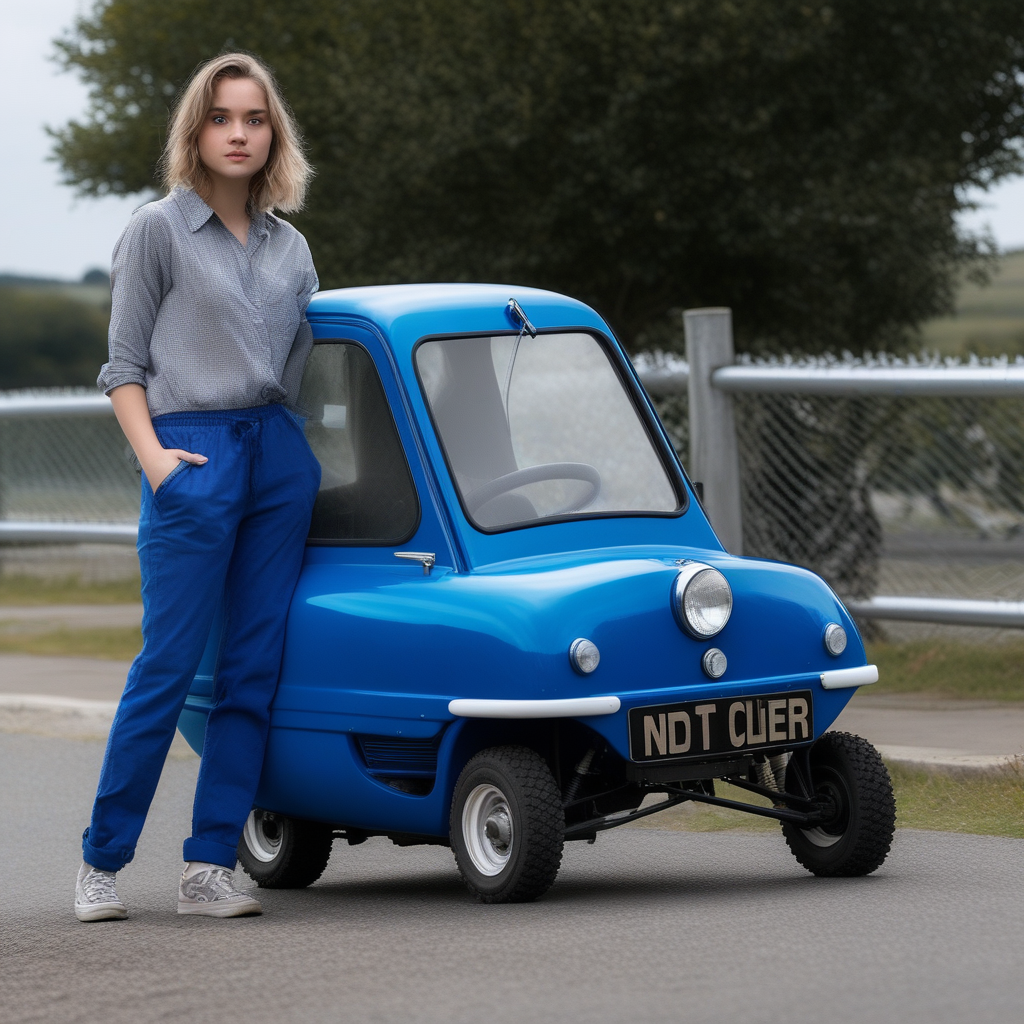 blue pants, tree, shadow, english text, vehicle focus, tiny car, fence, old man, road, grey background, 1girl, stubble