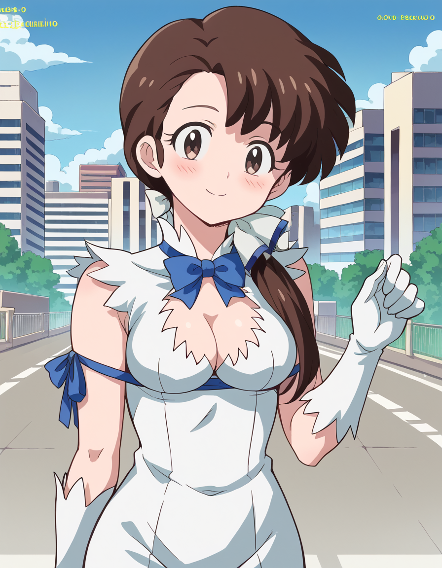 score_9, score_8_up, score_7_up, source_anime, <lora:kasumi-tendou-leak-ponyxl-lora-nochekaiser:1>, kasumi tendou, long hair, hair bow, bangs, hair over shoulders, brown hair, brown eyes, white bow,, <lora:hestia-cosplay-ponyxl-lora-nochekaiser:1>, hestiacosplay, hestia (danmachi) (cosplay), blue bow, blue bowtie, bow, bowtie, cleavage, cleavage cutout, clothing cutout, dress, gloves, pencil dress, rei no himo, short dress, white dress, white gloves, blue ribbon, arm ribbon,, outdoors, cityscape, street, smile, blush, , cowboy shot, dutch angle