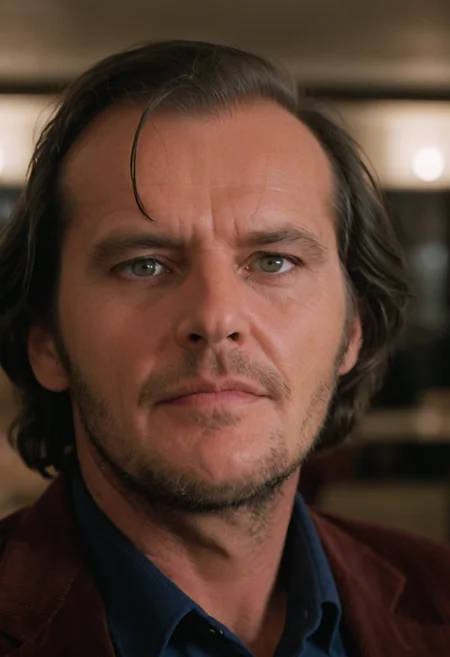 Jack Torrance, closeup, CineShining, indoors, Overlook Hotel, office, highly detailed, 4K, (stylish grainy analog 35mm film photo)