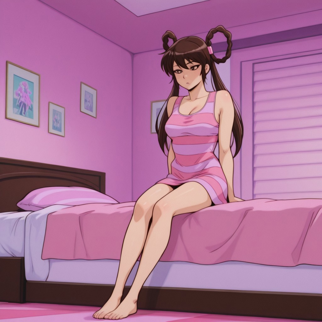 masterpiece, best quality, amazing quality,YohkoManoil, human, female, brown hair, hair rings, twintails, long hair, brown eyes, hair ornaments, pink dress, pink stripes, sitting on bed, bedroom, solo, full body