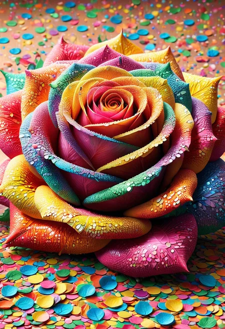 Close up of vibrant conf3tti rose with stunning, vivid colors, vibrant colors, eye-catching, masterpiece, hyperdetailed, made of confetti, <lora:aidma-Image UpgraderXL-v0.1:1>, detailemaximizer, <lora:Confetti_World_Morph:1>