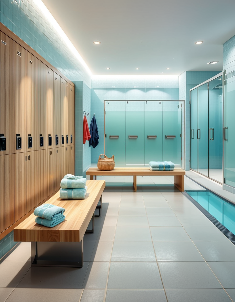 A realistic photograph of a modern swimming pool changing room, featuring clean, sleek design with white tiled walls and light blue accents. Rows of wooden benches with metal frames are neatly aligned in the center of the room. On the sides, there are individual lockers with glossy pastel-colored doors (light blue, mint green, and pale yellow), each with small number labels. Hooks are mounted on the walls, some holding neatly folded towels. The floor is made of non-slip gray tiles, slightly wet, reflecting the soft overhead LED lighting. The atmosphere is fresh and inviting, with a subtle fog from the pool area beyond a frosted glass door at the back. To the left side of the room, a large mirror spans the wall above a counter with built-in sinks, chrome faucets, and a few small bottles of hand soap. A subtle reflection of the interior is visible in the mirror. No people are present in the room. The lighting is bright but natural, as if itâs daytime with soft sunlight filtering through small high windows. The mood is calm, clean, and welcoming, captured with a high-resolution camera in photorealistic style. 
<lora:SDXLFaeTastic2400:0.4> <lora:extremely_detailed:0.4> extremely detailed,<lora:swimming_pool_ch4ng1ng_r00m:1>,swimming pool ch4ng1ng r00m, Masterpiece,best quality,hi res,8k,hi res,8k,award winning,(sharp focus, intricate, highly detailed),