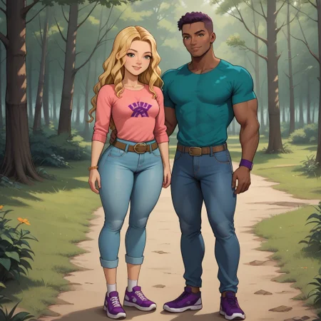 masterpiece, best quality, score_9, break. Caryan, (1boy, ryan, black, tall, muscular, muscular male, dark skin, dark skin male, pink shirt, purple weightlifting print, dark purple shorts, white socks, dark magenta sneakers), break, (1girl, carrie, blonde hair, wavy hair, teal shirt underneath, dark green sweater, bracelet, brown belt, light blue jeans, black shoes), hug, forest, natural lighting