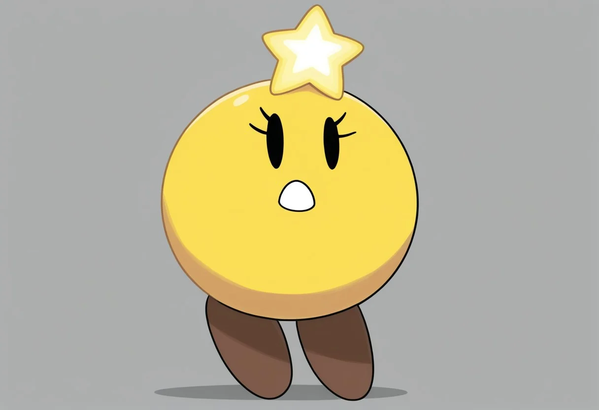 masterpiece, best quality, solo, full body, starlow, round body, yellow body, black eyes, solid oval eyes, eyelash, star above head, brown feet, star \(symbol\), white mouth, two feet, no hands, no arms,