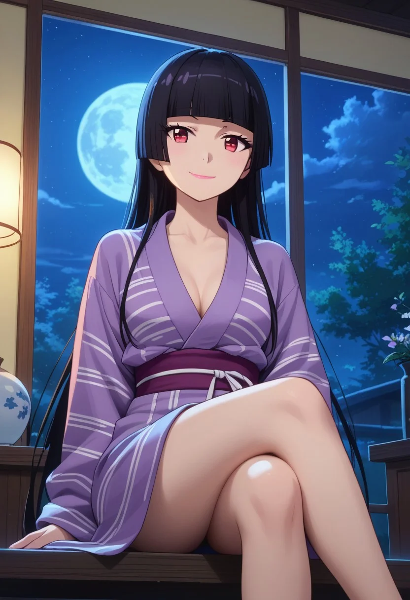 score_9, score_8_up, score_7_up, source_anime, rorymercury,
<lora:rory-mercury-s1s2-ponyxl-lora-nochekaiser:1>, rory mercury,
1girl, solo, closed mouth, light smile,
long hair, black hair, red eyes, hime cut, blunt bangs, lipstick,
yukata, purple kimono, open kimono, breast,
sitting, crossed legs, looking at viewer,
indoors, window, night, moon