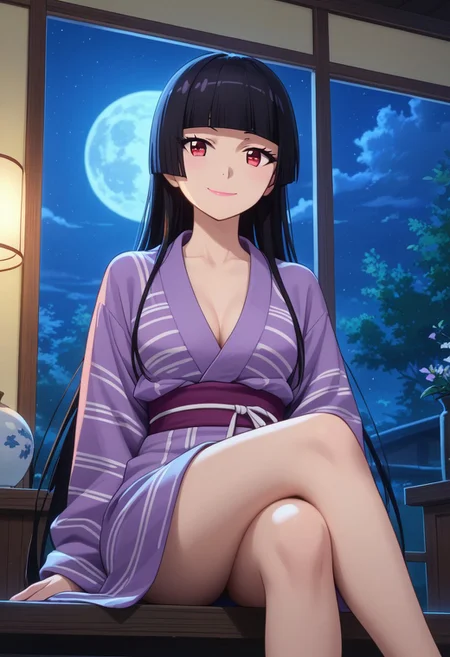score_9, score_8_up, score_7_up, source_anime, rorymercury,
<lora:rory-mercury-s1s2-ponyxl-lora-nochekaiser:1>, rory mercury,
1girl, solo, closed mouth, light smile,
long hair, black hair, red eyes, hime cut, blunt bangs, lipstick,
yukata, purple kimono, open kimono, breast,
sitting, crossed legs, looking at viewer, 
indoors, window, night, moon