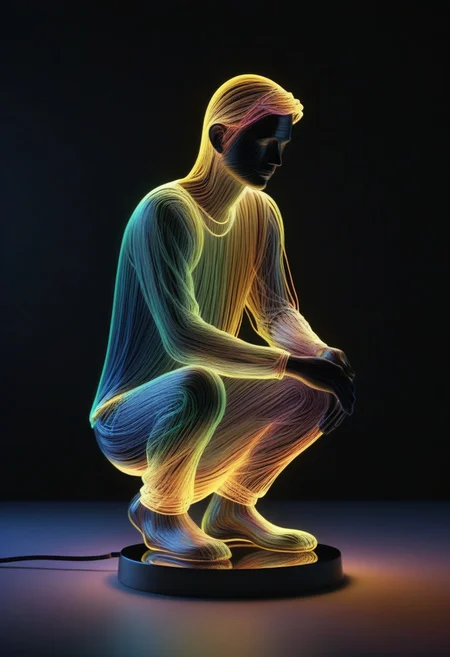 high quality, high resolution, extremely detailed, no humans, lamp, made of,tiny neon glass filaments,w0gf1l, black background