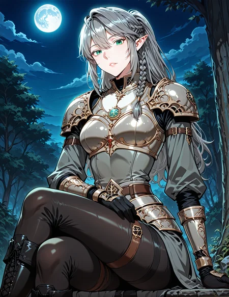 <lora:Tessia_Eralith__The_Beginning_After_the_End__Illustrious_v1-000008:1>
1 girl, solo, elf, pointy ears, green eyes, grey hair, braid, side braid, french braid, hair bettween eyes, bangs, long hair, ahoge
breastplate, gauntlets, shoulder armor, black gloves, ponytail, black boots
(Anime_source),Masterpiece,(perfect female body:1.2), small waist,(incredibly detailed:1.4), slim, beautiful fingers, parted lips, looking at viewer, sitting , crossed legs, looking at viewer, night, blue moon, <lora:iLLMythG0thicL1nes:1>