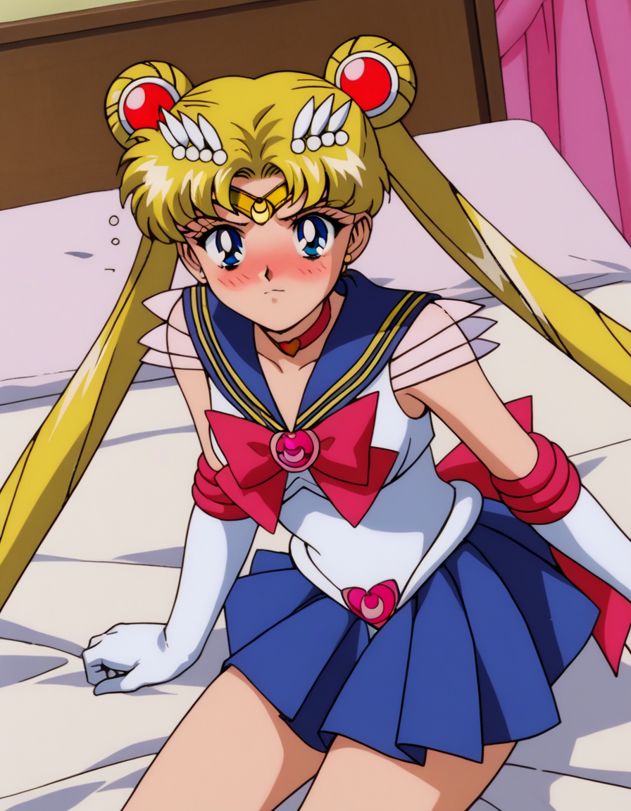 score_9, score_8_up, score_7_up, source_anime, <lora:usagi-tsukino-supers-movie-ponyxl-lora-nochekaiser:1>, usagi tsukino, blonde hair, blue eyes, double bun, hair bun, hair ornament, long hair, twintails, circlet, parted bangs,, back bow, blue sailor collar, blue skirt, bow, brooch, choker, crescent moon, elbow gloves, gloves, jewelry, magical girl, pleated skirt, red bow, red choker, ribbon, sailor collar, sailor senshi uniform, skirt, white gloves,, indoors, bed, bed room, on side, blush, drunk, looking at viewer, solo,, cowboy shot, dutch angle