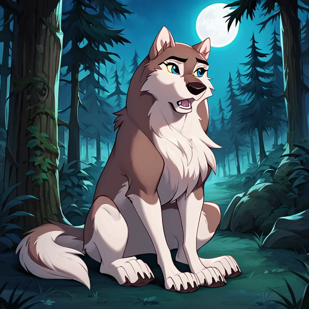 score_9, score_8_up, score_7_up, score_6_up, score_5_up, score_4_up, <lora:Aleu:0.7>, aleu, blue eyes, solo, open mouth, full body, outdoors, no humans, night, fangs, dog, animal focus, white fur, 1girl, wolf, animal, body fur, two tone fur, yellow sclera, sitting, trees, moon, forest,