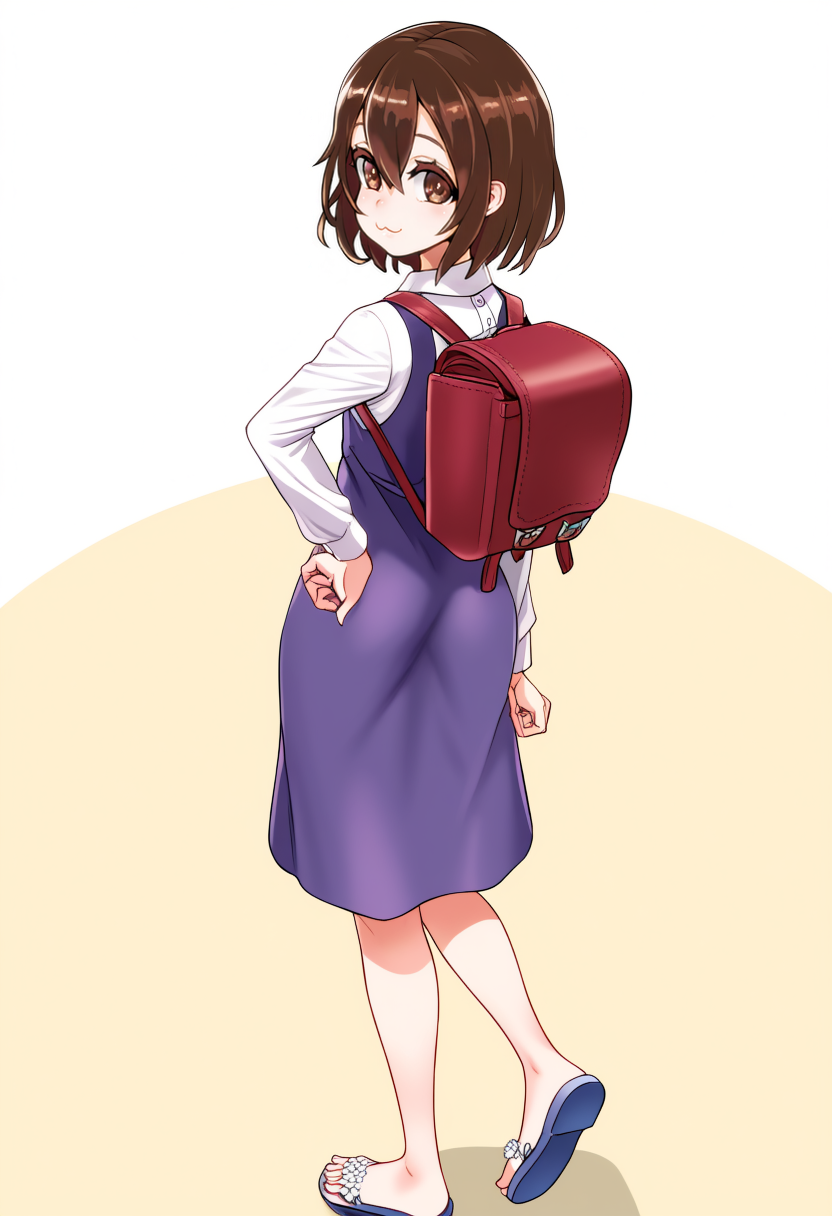 masterpiece, best quality, 1girl, 
:3, white shirt, sleeveless, sandals, standing, dress, shirt, brown eyes, from behind, bare shoulders, bag, contrapposto, purple dress, blue footwear, full body, hair between eyes, looking at viewer, tareme, short hair, brown hair, looking back, pinafore dress, bare arms, sleeveless dress, smile, blush, backpack, hand on own hip, eyebrows, collared shirt, long sleeves
 <lora:asanagi:1>