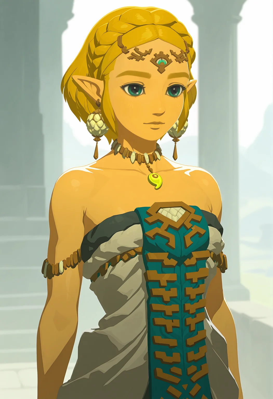 amazing quality,very aesthetic,absurdres,best quality,newest,masterpiece,4k resolution, absurdres, highres, detailed background, 
  <lora:Princess_Zelda_ILXL:0.8> 1girl, princess zelda, blonde hair, pointy ears, totk, short hair, forehead jewel ,magatama necklace, earrings, bare shoulders, white dress, solo