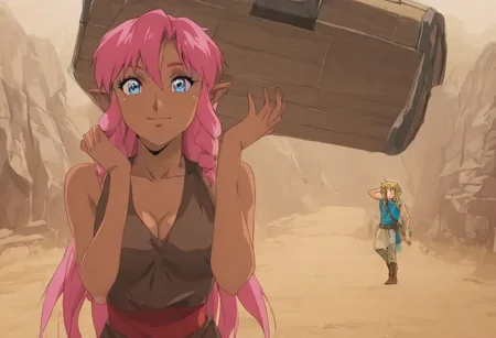 Pink_DragonPink, 1girl, sleeveless dress, white tiger print dress, pelvic curtain, cleavage, white tiger tail, red sash, small breasts, leather shoes, masterpiece, very aesthetic, smiling wide, <lora:pink-illustrious:1>,
Break
1boy,Anime screencap,link (zelda),blonde hair,blue eyes,pointy ears, low ponytail, sidelocks, wearing blue hyilian tunic,
Break
Hyrule dungeon interior, super_strength, pink_dragonpink holding an ornate treasure chest, over head, hands up, over her head like an item
