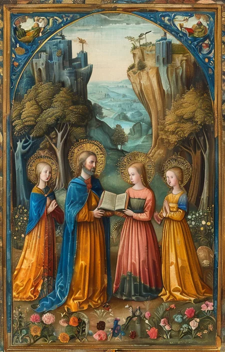 masterpiece,best quality,<lora:tbh294-sdxl:0.9>,illustration,style of Illuminated manuscript portrait of family