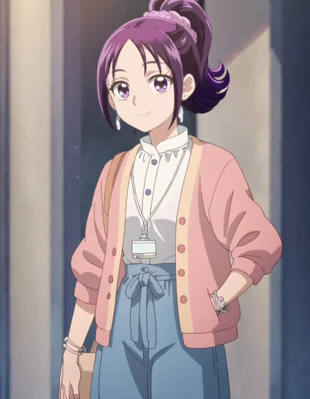 sscore_9, score_8_up, score_7_up, 1girl, solo, anime screencap, 1girl, solo,mishoumai, smile, looking at viewer, jewelry, cardigan, shirt, bracelet, pink cardigan, white shirt, closed mouth, cowboy shot,<lora:mishoumai:0.8>