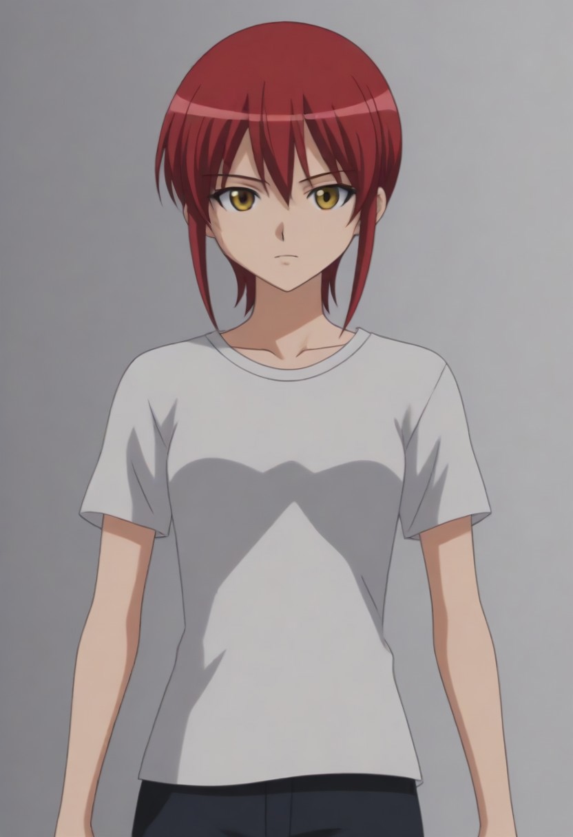 source_anime, anime screencap, source_anime, auratheguillotine, anime screencap, masterpiece, source_anime, shiny skin,,,,,,black t-shirt,1girl, solo, rza, red hair, yellow eyes,