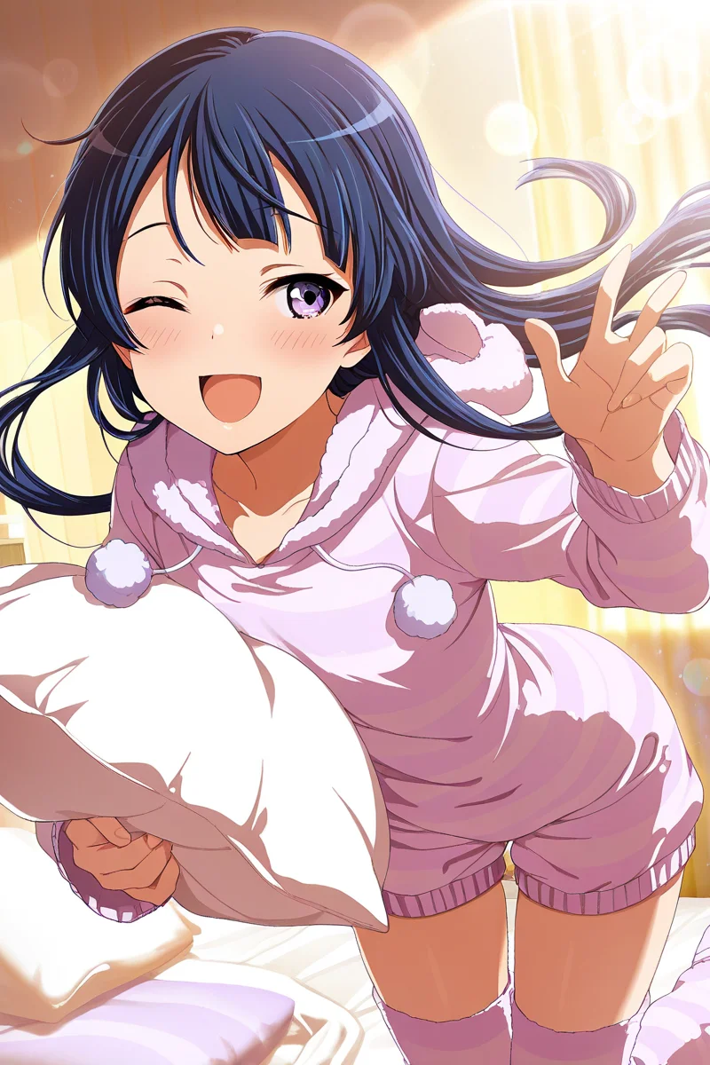 masterpiece, best quality, amazing quality,
<lora:Tamao_IL:1> tamao, 1girl, one eye closed, solo, long hair, purple eyes, open mouth, pillow, smile, indoors, blue hair, hood, striped, pajamas, ;d, holding, floating hair, long sleeves, pom pom (clothes), lens flare, thighhighs, bangs, blush, hoodie