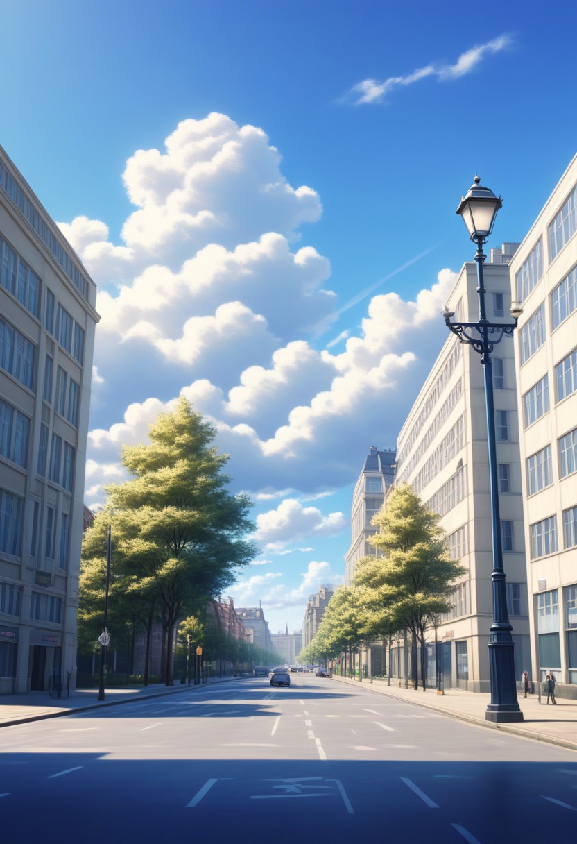 masterpiece, absurdres, best quality, Versabg, sky, tree, cloud, outdoors, scenery, no humans, building, day, blue sky, city, road, shadow, cityscape, street, lamppost, cloudy sky, sunlight