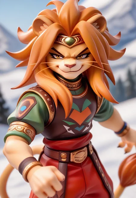 score_9, score_8_up, score_7_up, source_furry, 1boy, anthro, lion, lion ears, lion tail, terranigmark, spiky orange hair, pauldrons with faces, jeweled headband, print shirt, green sleeves, bracelets, belt with dangling straps, red baggy pants, snowy mountain, (smug:2)