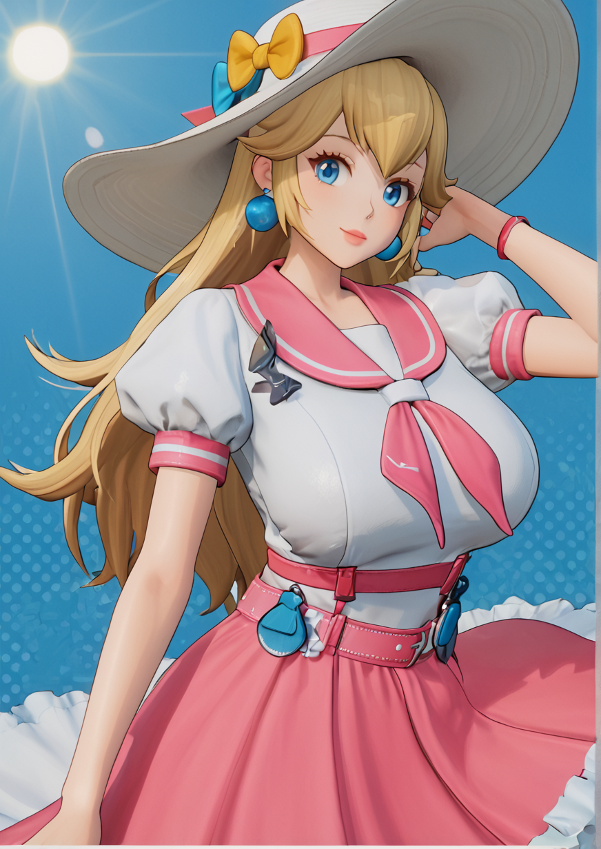 1girl, princess peach, princess peach (vacation), huge breast, 3d, belt, blonde hair, blue background, blue eyes, closed mouth, clothes lift, earrings, frilled skirt, frills, gleam, hat, jewelry, lipstick, long eyelashes, long hair, long skirt, looking at viewer, makeup, neckerchief, pink belt, pink lips, pink neckerchief, pink skirt, polka dot neckerchief, puffy short sleeves, puffy sleeves, shirt, short sleeves, skirt, skirt lift, smile, solo, sphere earrings, striped, striped background, sun hat, white headwear, white shirt, zPDXL3  <lora:Girls_Frontline_2_Exiliumå°å¥³åçº¿2è¿½æ¾_3d_game_style:1>