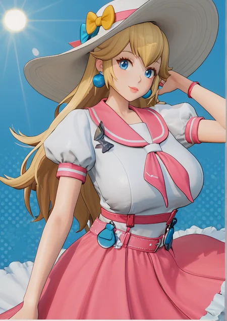 1girl, princess peach, princess peach (vacation), huge breast, 3d, belt, blonde hair, blue background, blue eyes, closed mouth, clothes lift, earrings, frilled skirt, frills, gleam, hat, jewelry, lipstick, long eyelashes, long hair, long skirt, looking at viewer, makeup, neckerchief, pink belt, pink lips, pink neckerchief, pink skirt, polka dot neckerchief, puffy short sleeves, puffy sleeves, shirt, short sleeves, skirt, skirt lift, smile, solo, sphere earrings, striped, striped background, sun hat, white headwear, white shirt, zPDXL3  <lora:Girls_Frontline_2_Exiliumå°å¥³åçº¿2è¿½æ¾_3d_game_style:1>